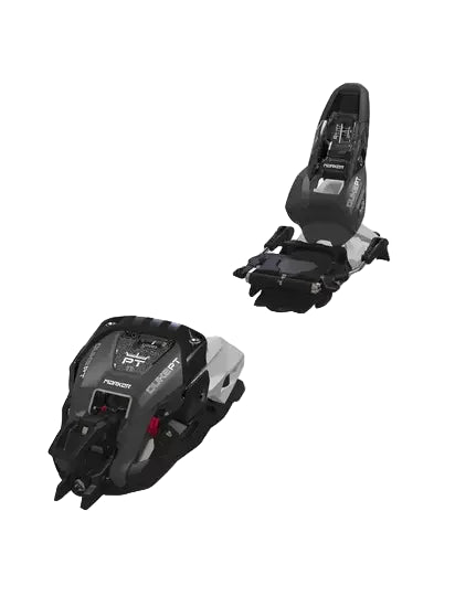 A pair of Marker Duke PT 11 ski bindings, featuring a black color scheme and distinctive red accents. The bindings are designed for both freeride and touring purposes.