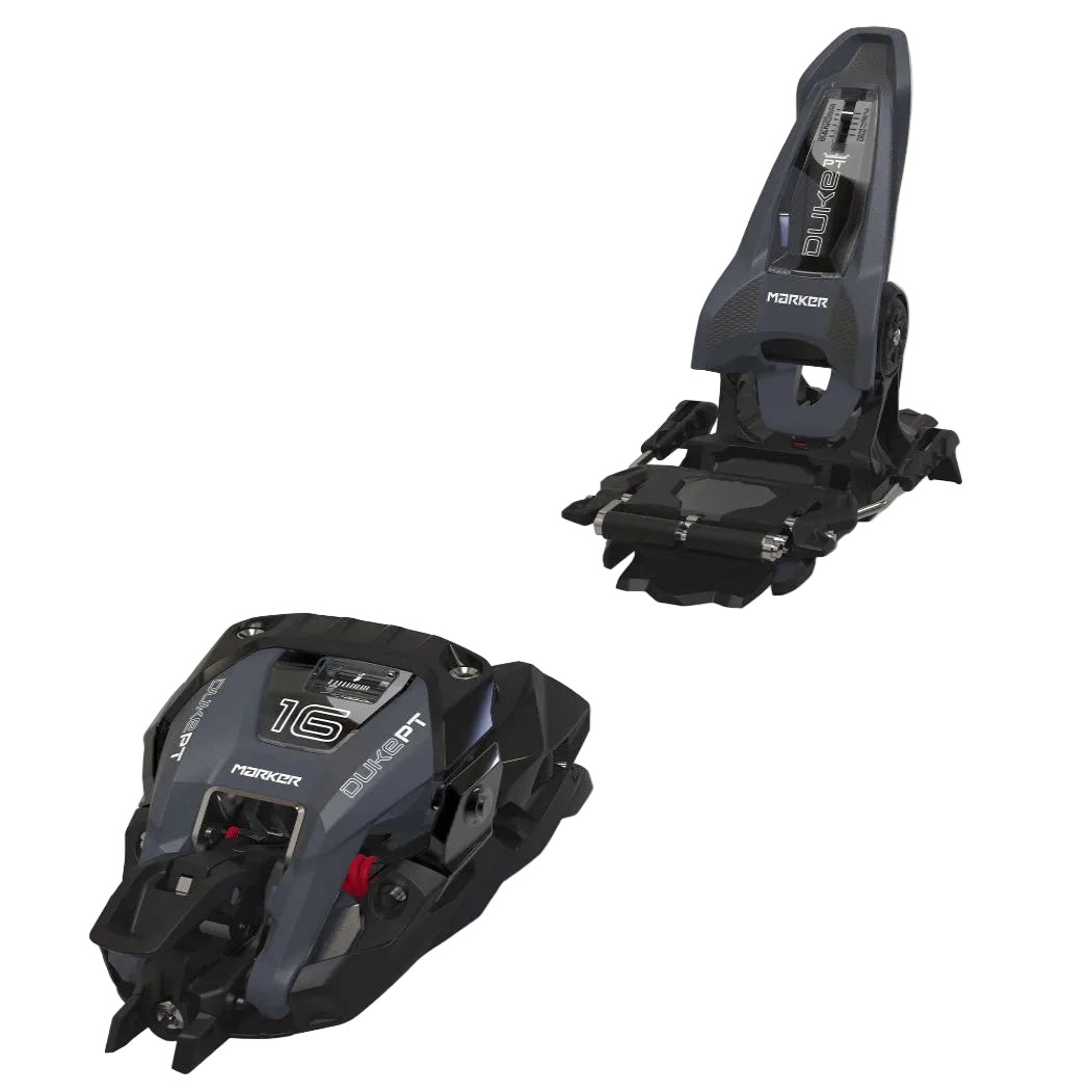 Two black ski bindings on a white background
