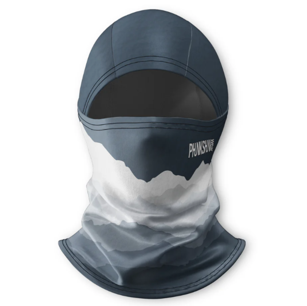 Black and gray balaclava with 'Phixhike' branding on a white background