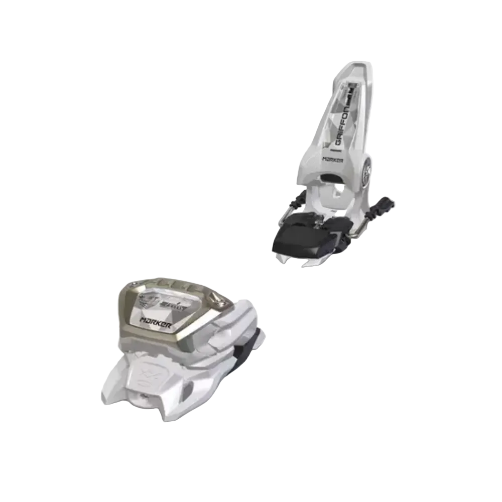 Two ski bindings on a white background