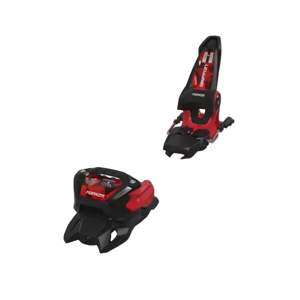 Red and black ski bindings on a white background