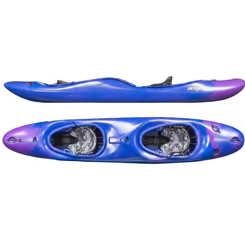 Two blue and purple kayaks on a black background
