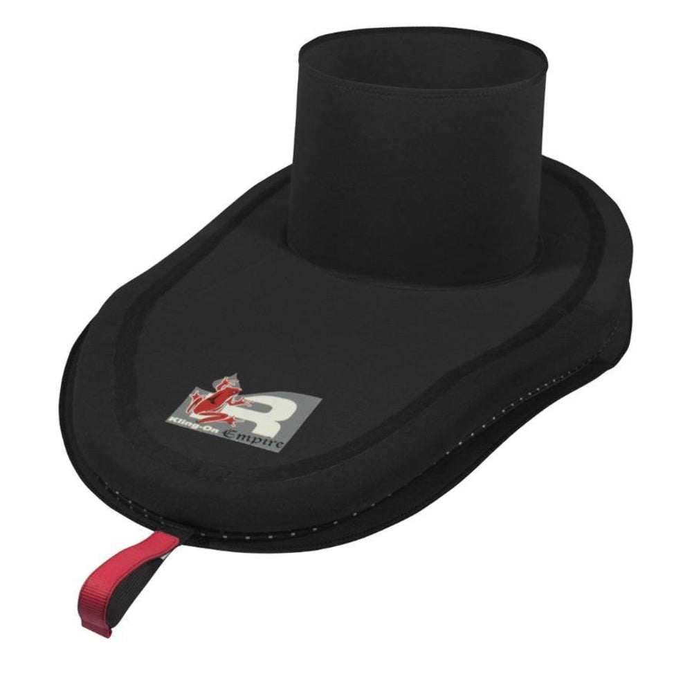 Black bungee spray skirt with red adjustment straps and a logo depicting a Klingon character on the front.