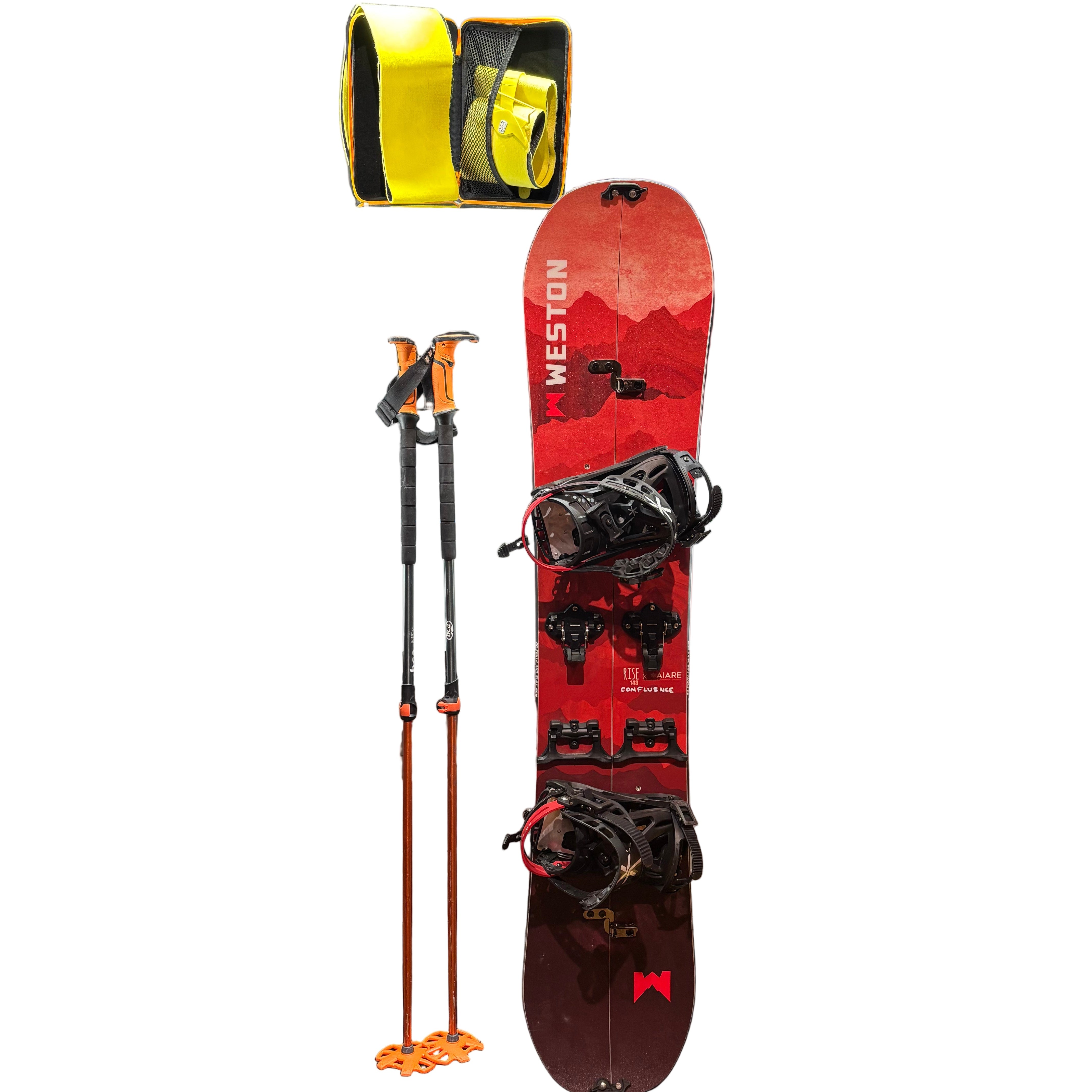 Red snowboard with 'Weston' branding on a rack with skis and poles in the background.