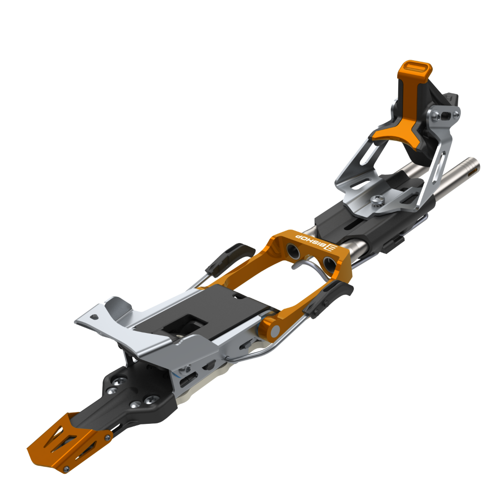 A telemark ski binding with machined metals in orange, silver, and black colors, featuring a step-in/step-out mechanism and brakes.