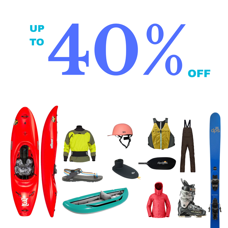 Collection of outdoor gear with promotional text 'Up to 40% Off' on a white background.