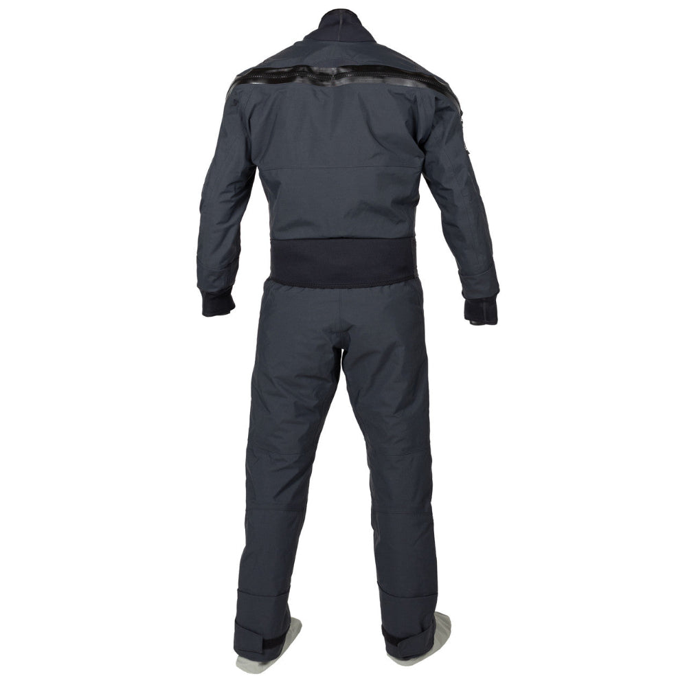 Dark gray drysuit with black accents on a white background