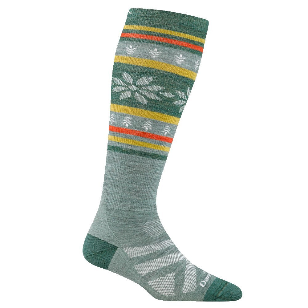 Green sock with colorful pattern on a white background