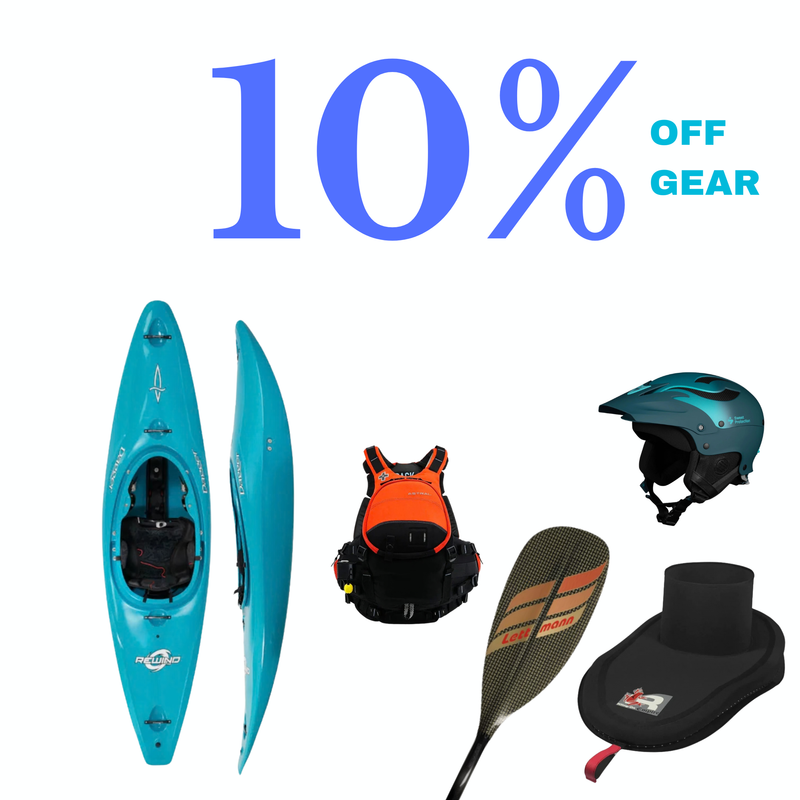 Kayak, life jacket, helmet, and paddle with promotional text '10% off gear' on a white background.