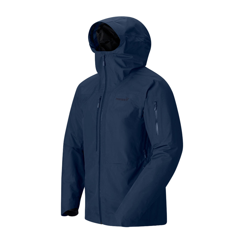 Navy blue jacket with a hood on a light gray background