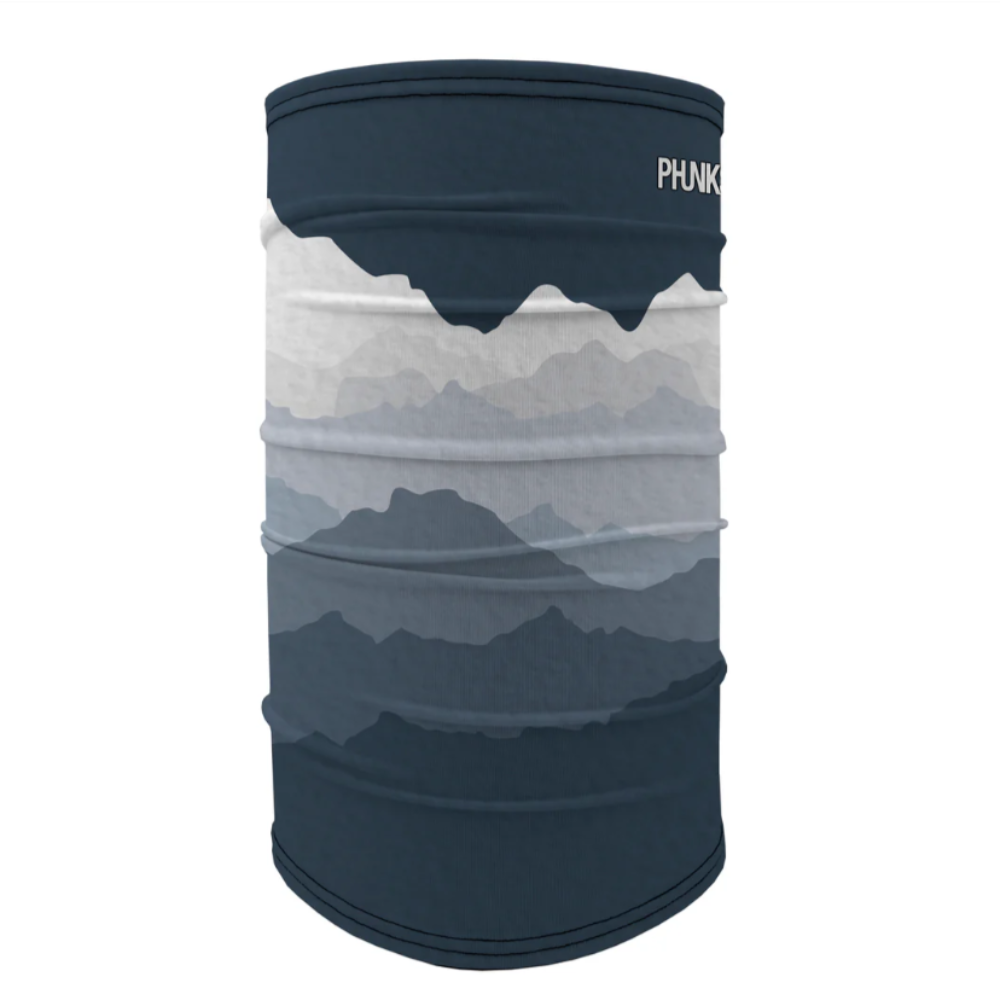 Multicolored neck gaiter with mountain design on a white background