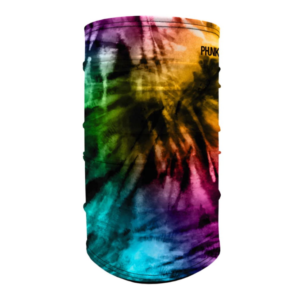 Multicolored tie-dye neck gaiter with 'PHUNK' branding on a white background
