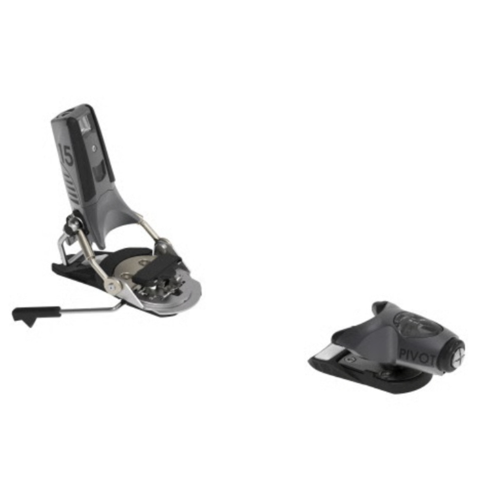 Two ski bindings on a white background