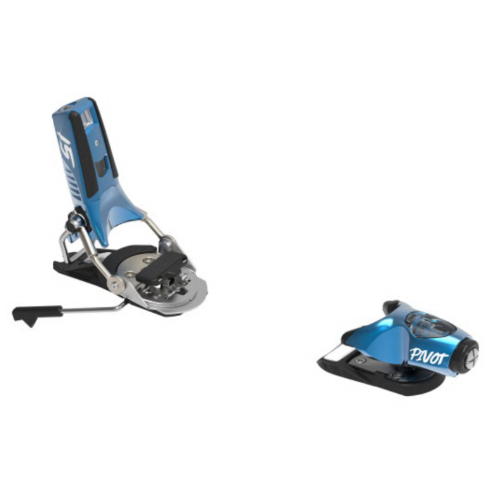 Blue and black ski binding on a white background