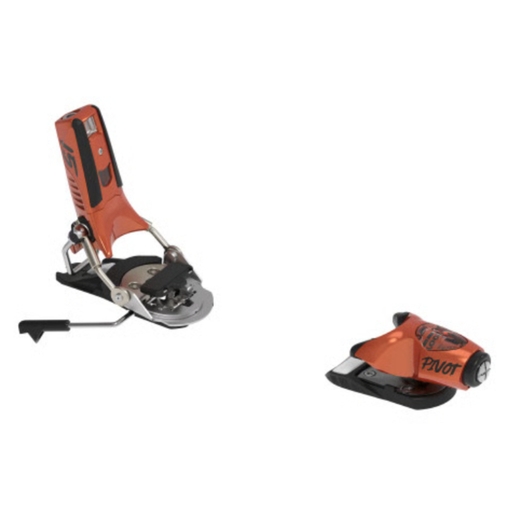 Orange and black ski bindings on a white background
