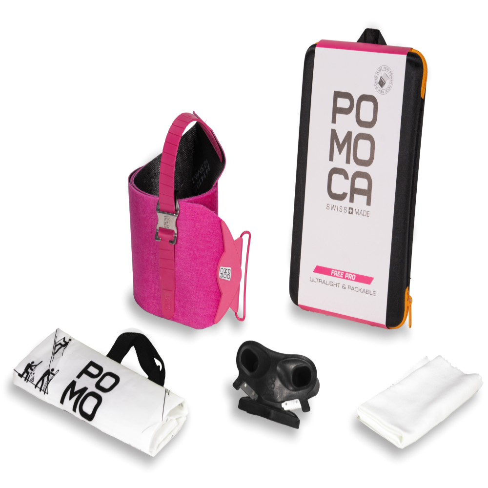 Collection of POMOCA products including a pink pouch, black clip, and white card on a white background.