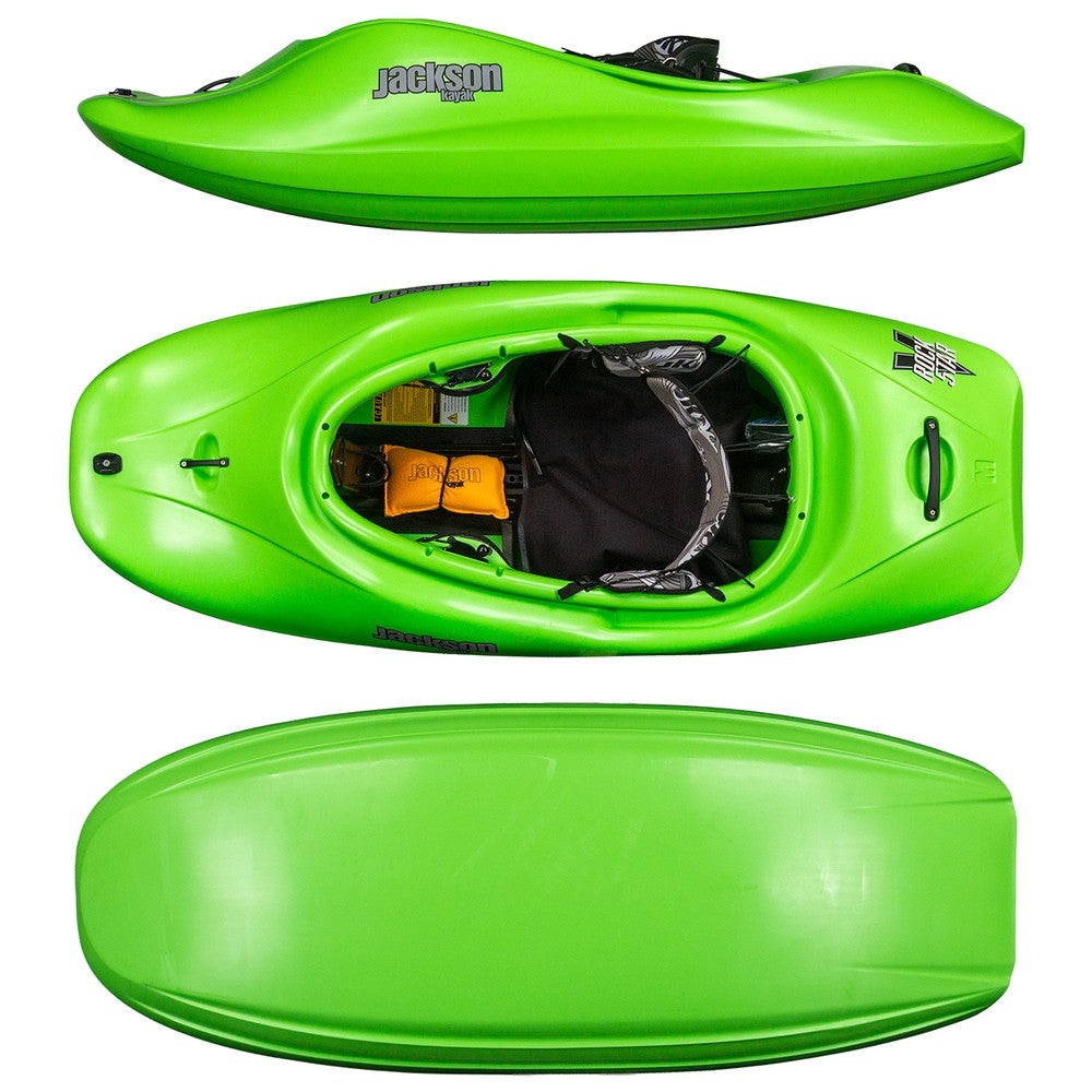 Green kayak with 'Jackson' branding shown from top, side, and bottom views on a white background.