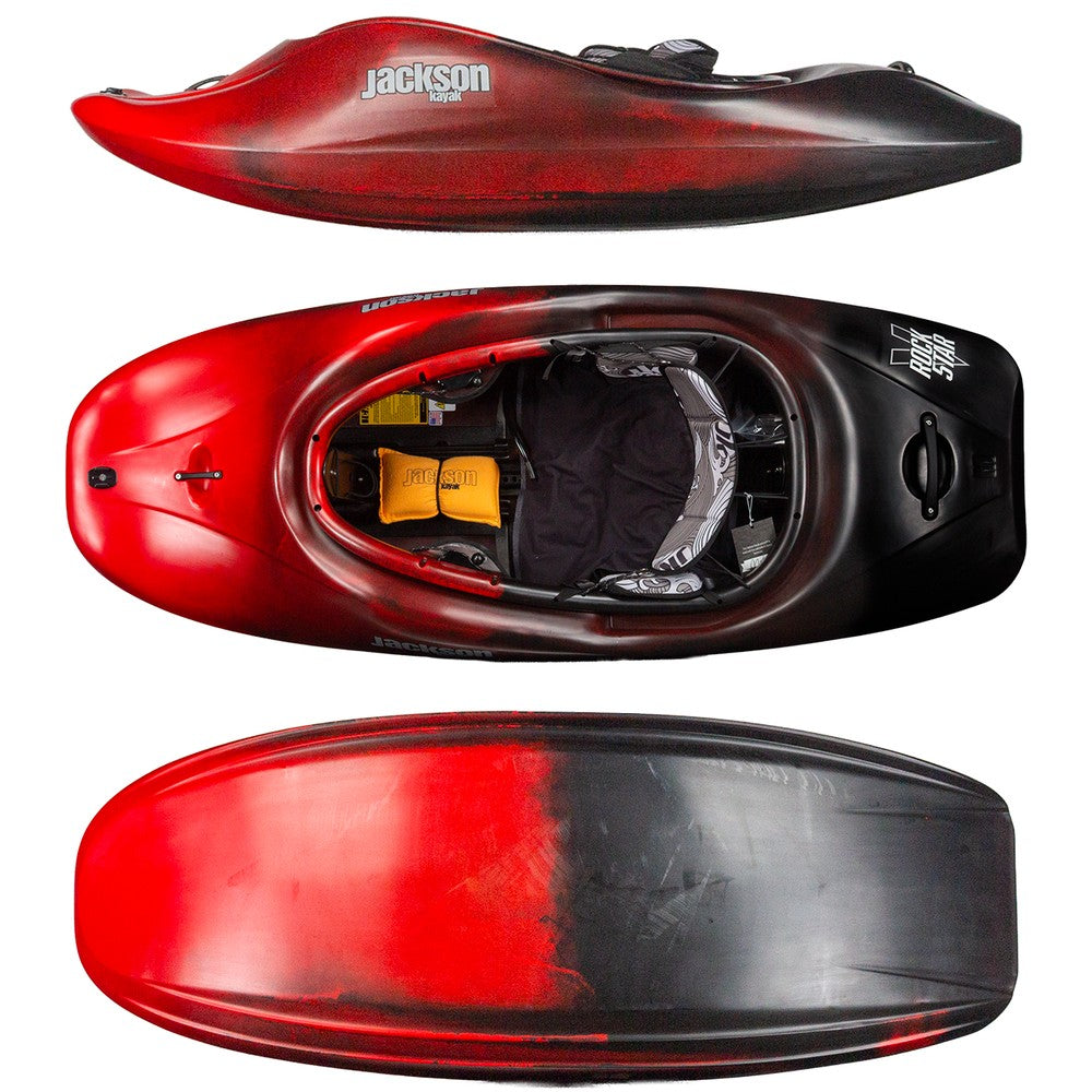 Red kayak with black accents and 'Jackson' branding on a white background