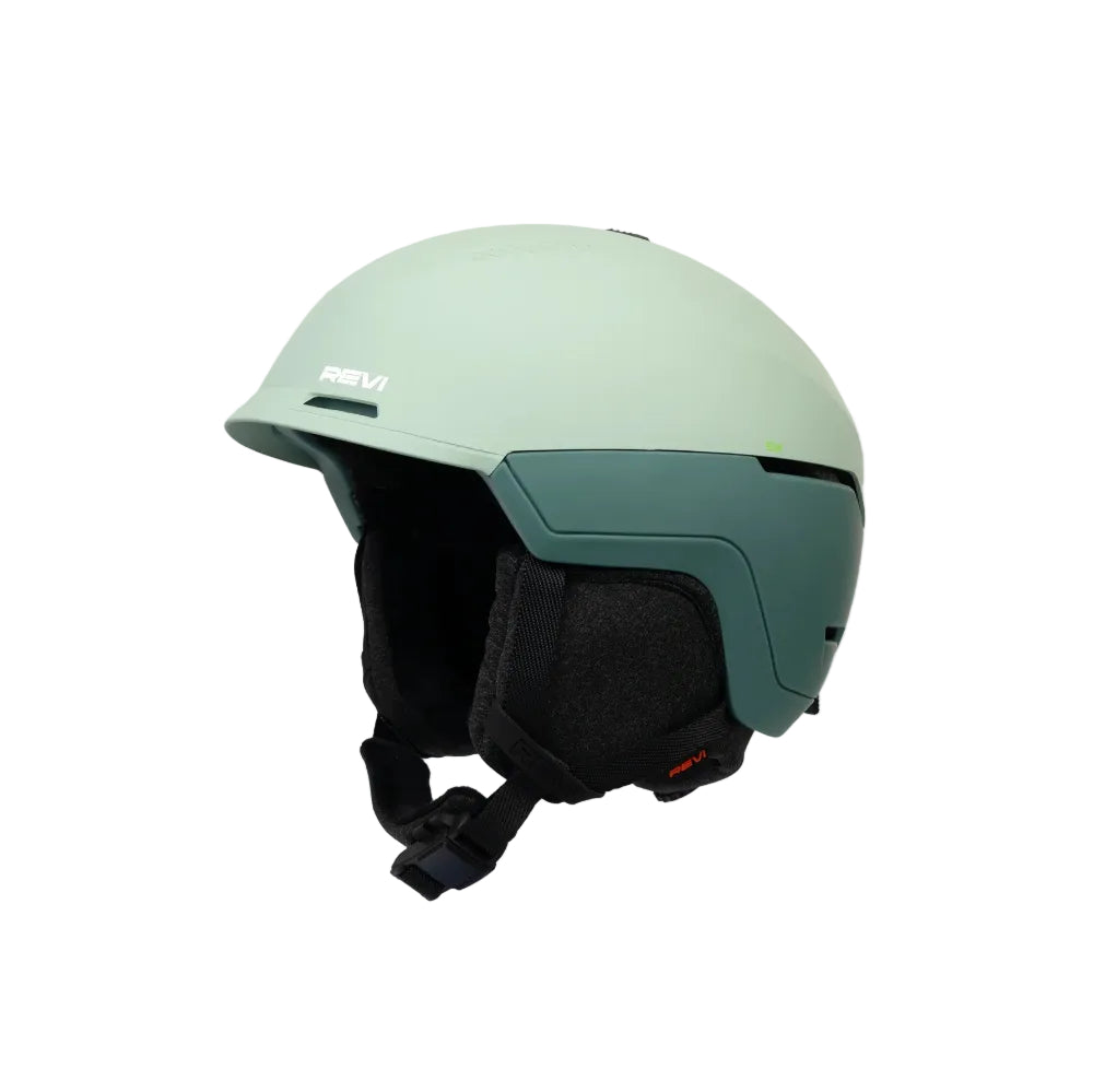 Green helmet with black chin strap on a light gray background