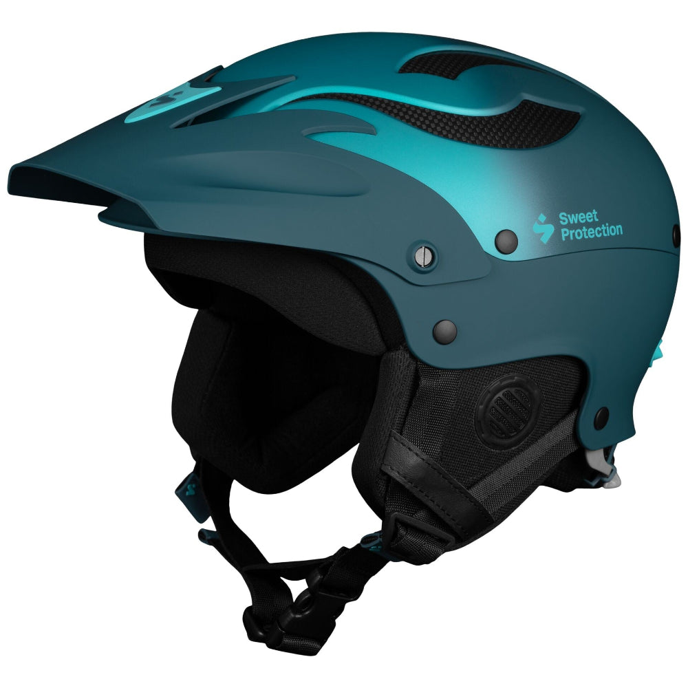 Blue helmet with black chin strap on a white background