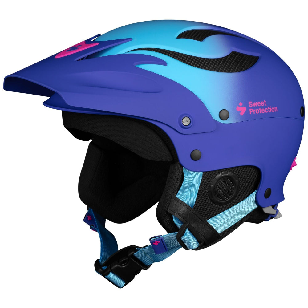 Blue and purple helmet with Sweet Protection logo on a white background