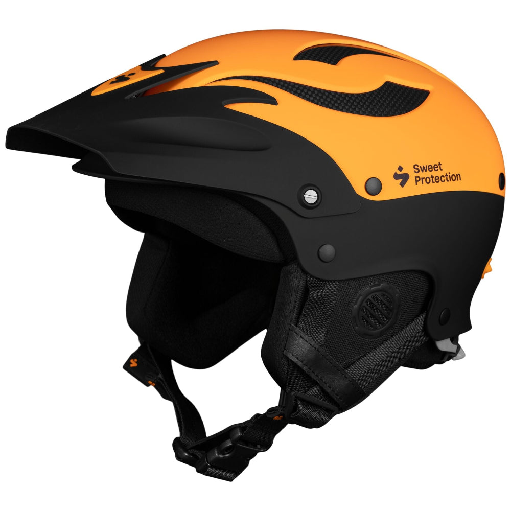 Orange and black helmet with Sweet Protection logo on a white background