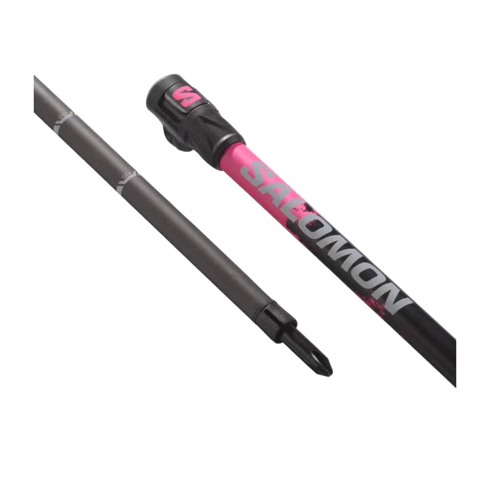 Salomon ski pole with pink and black design on a white background