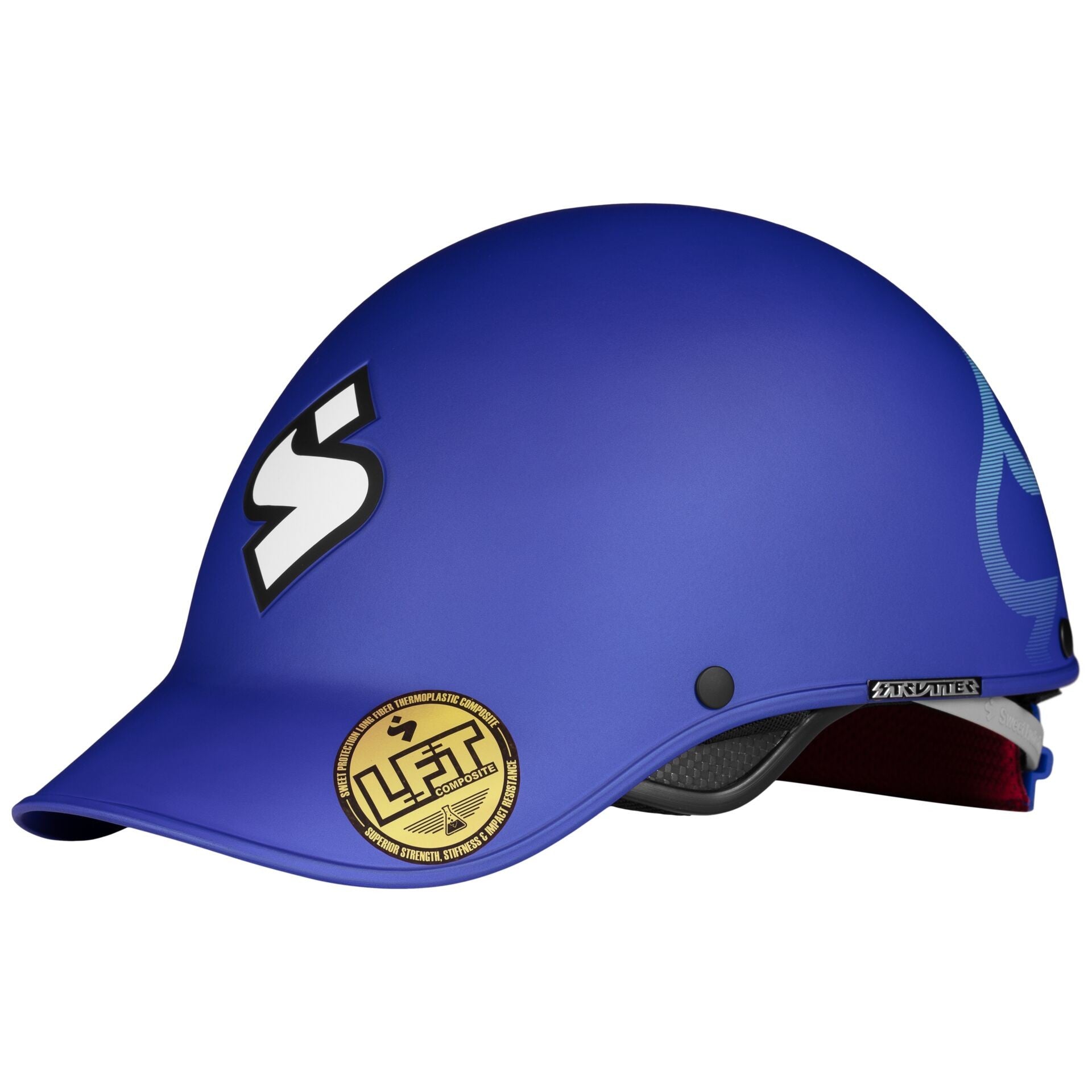 Blue helmet with a logo and brand name on a white background