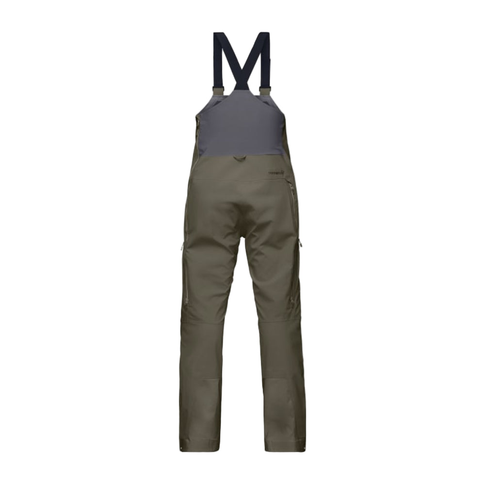 Green bib overalls with a gray shirt underneath on a light gray background