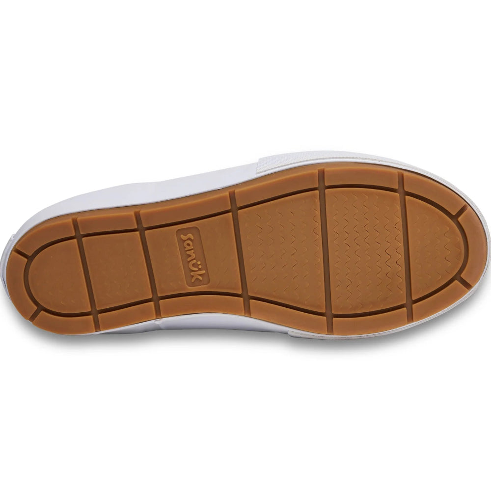 Brown sole of a shoe with a brand logo on a white background