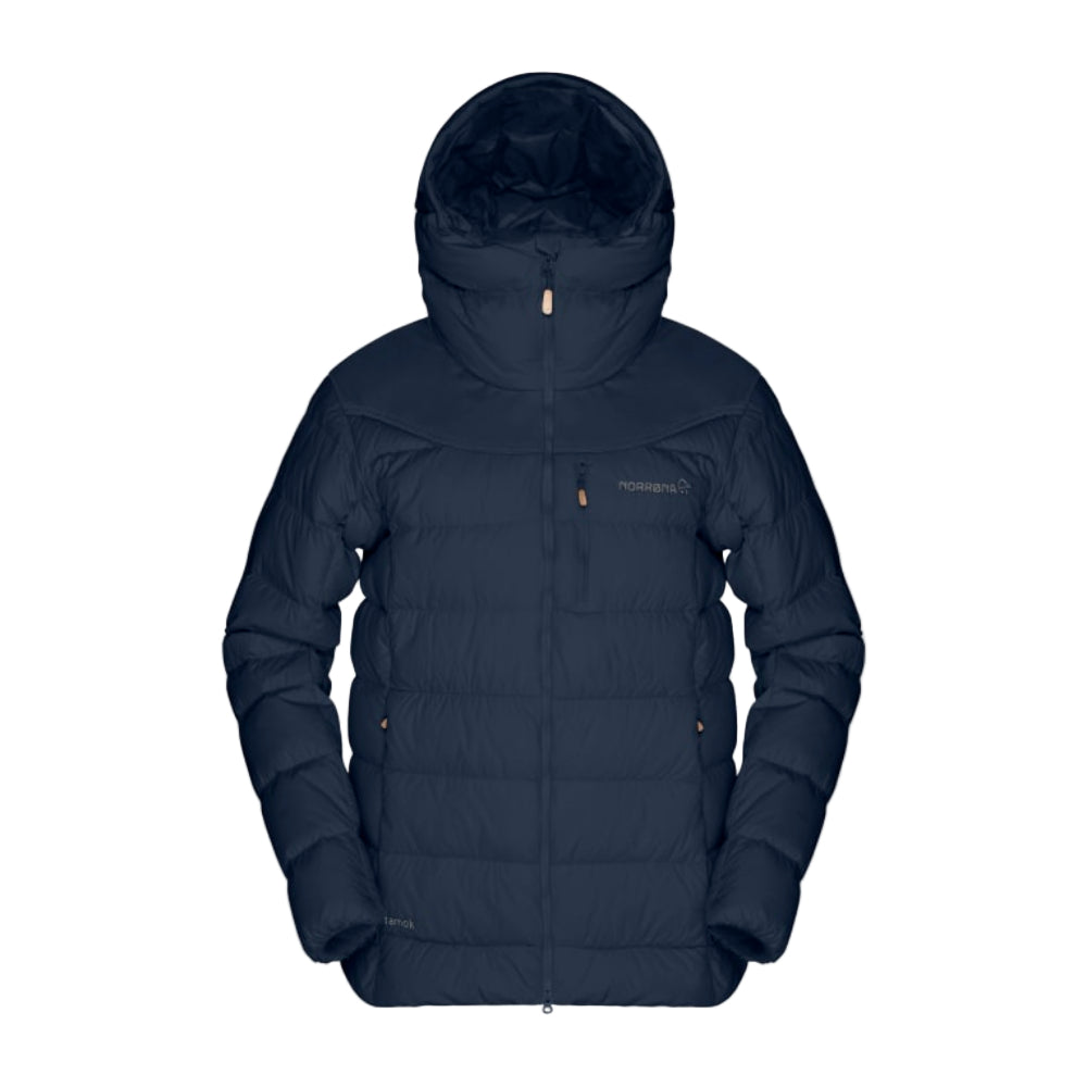 Navy blue hooded jacket on a light gray background
