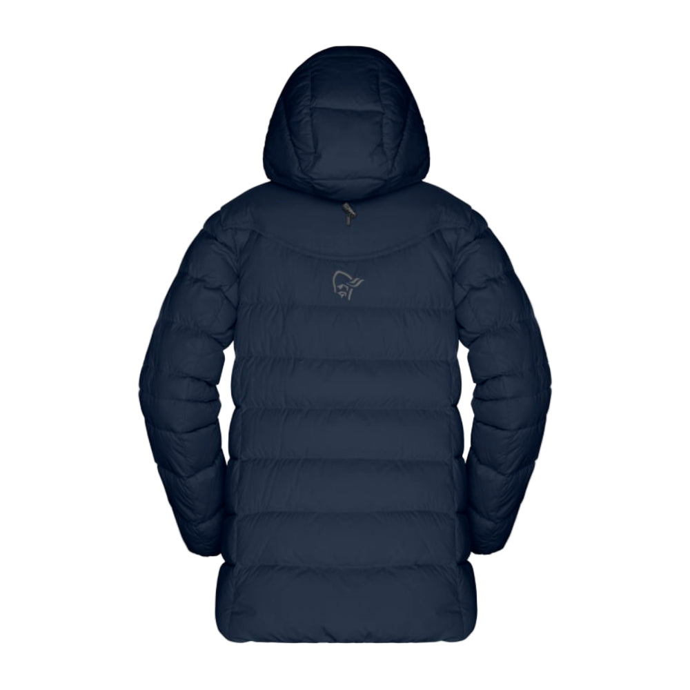 Navy blue puffer jacket with a brand logo on a light gray background