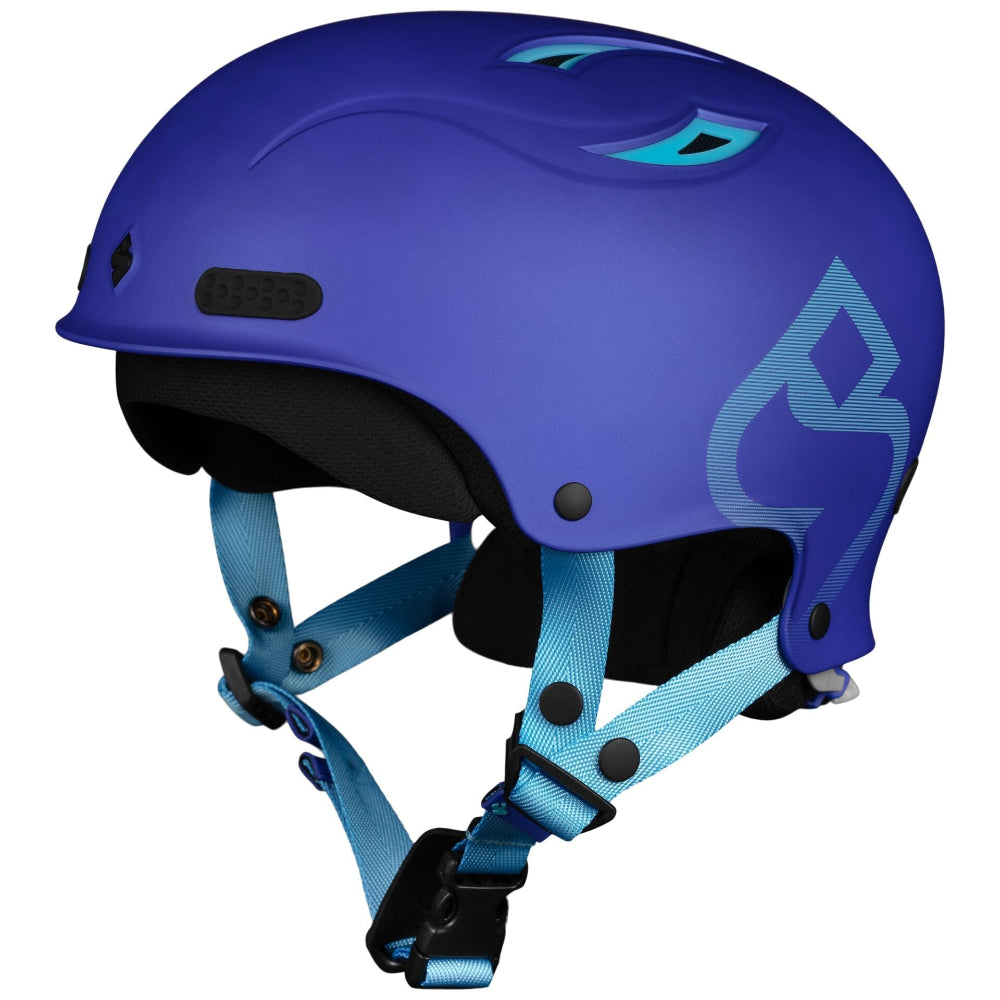Blue helmet with black and blue straps on a white background