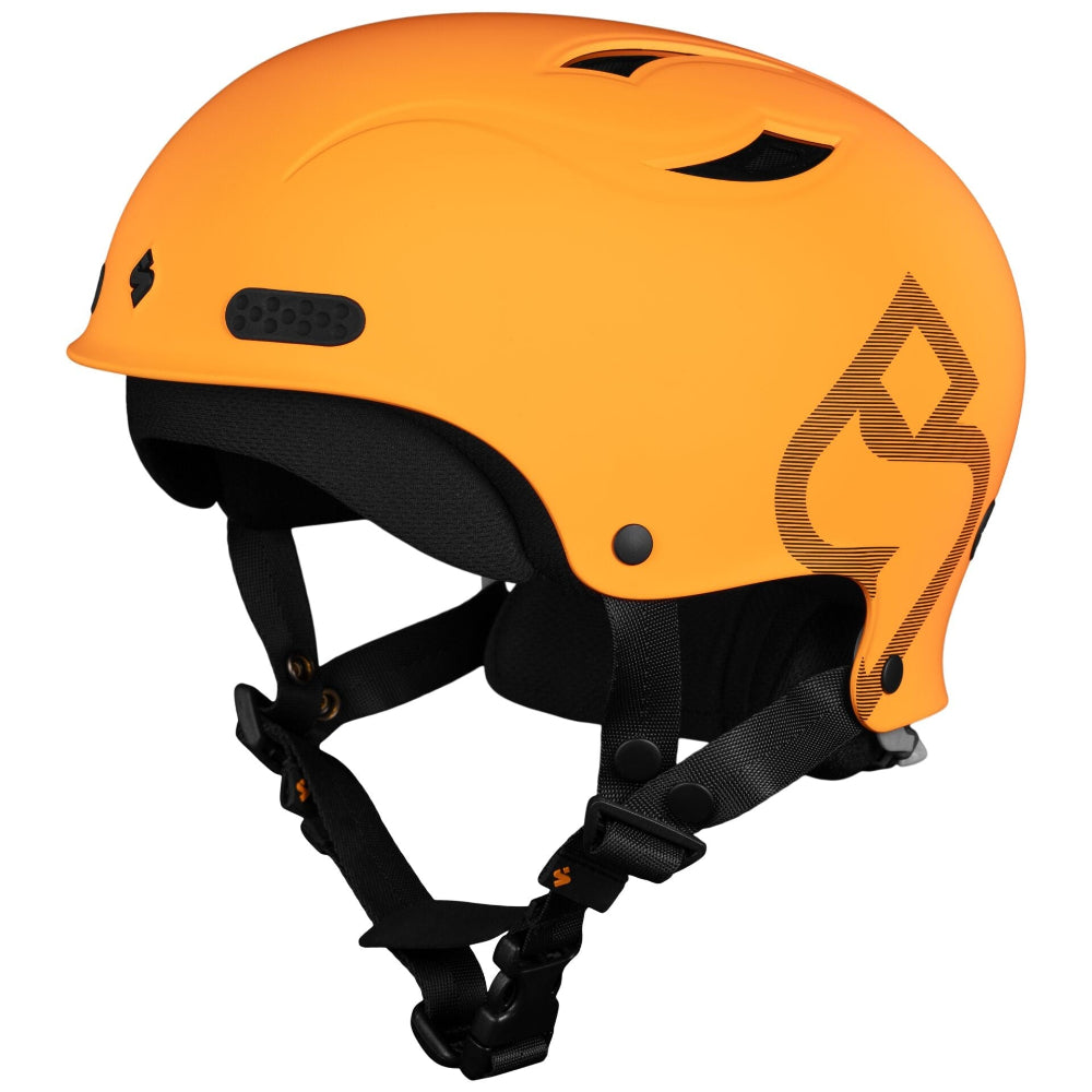 Orange helmet with black straps on a white background