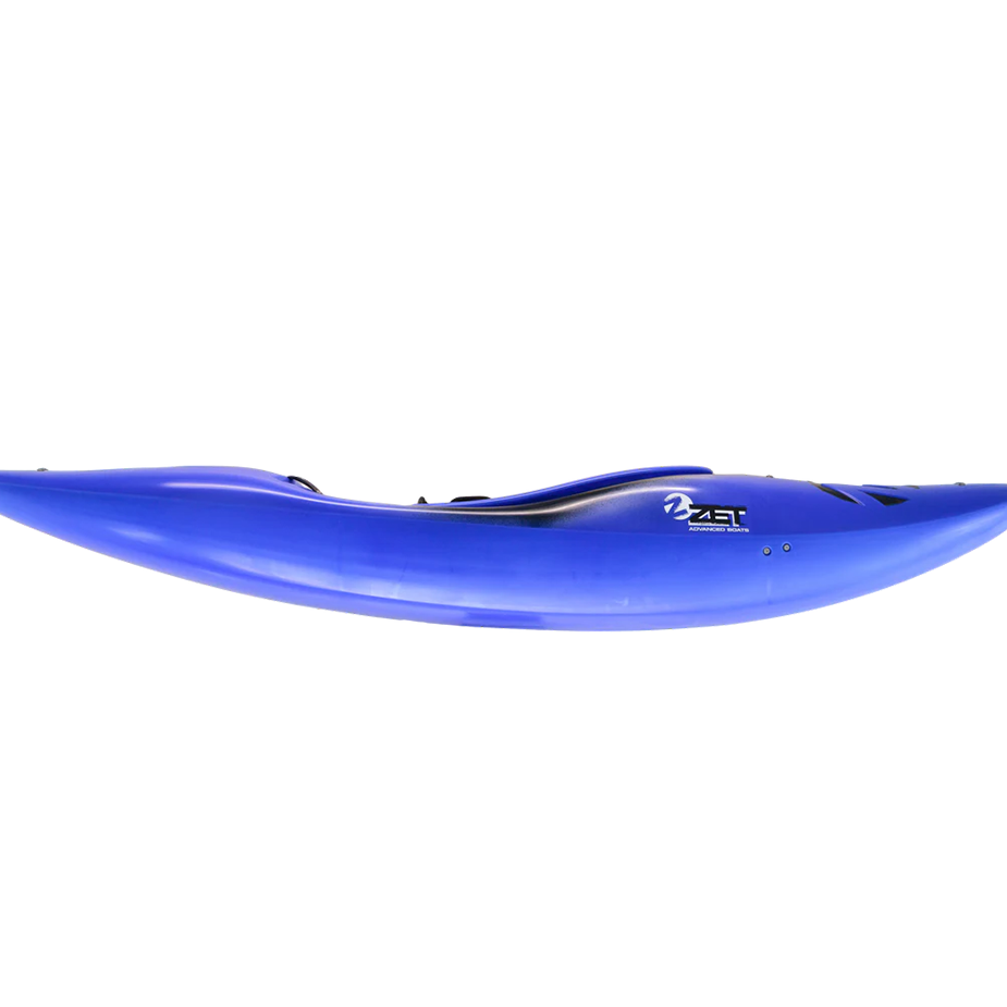 Blue kayak with 'Zel' branding on a white background