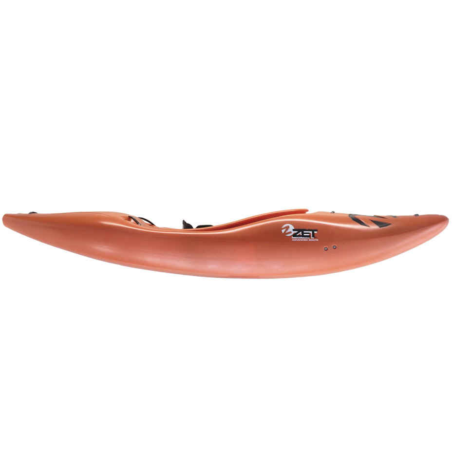 Orange kayak with a brand logo on a white background