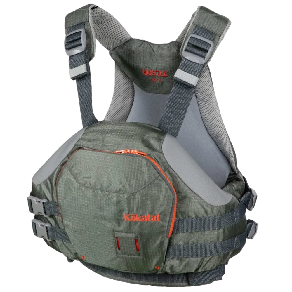A gray Kokatat Hustle PFD life vest with adjustable shoulder straps and a front pocket, designed for kayaking.