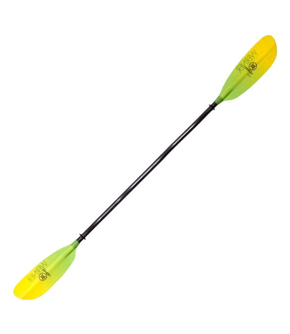 Kayak paddle with green and yellow blades on a light gray background