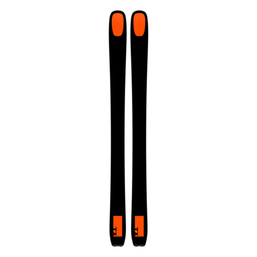 Pair of skis with orange tips and tails on a white background