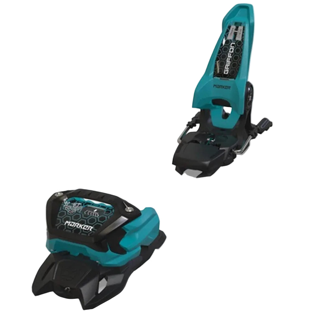 Two ski bindings on a white background