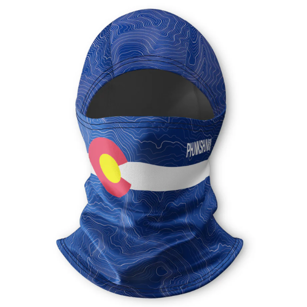 Blue patterned balaclava with Colorado flag design on a white background
