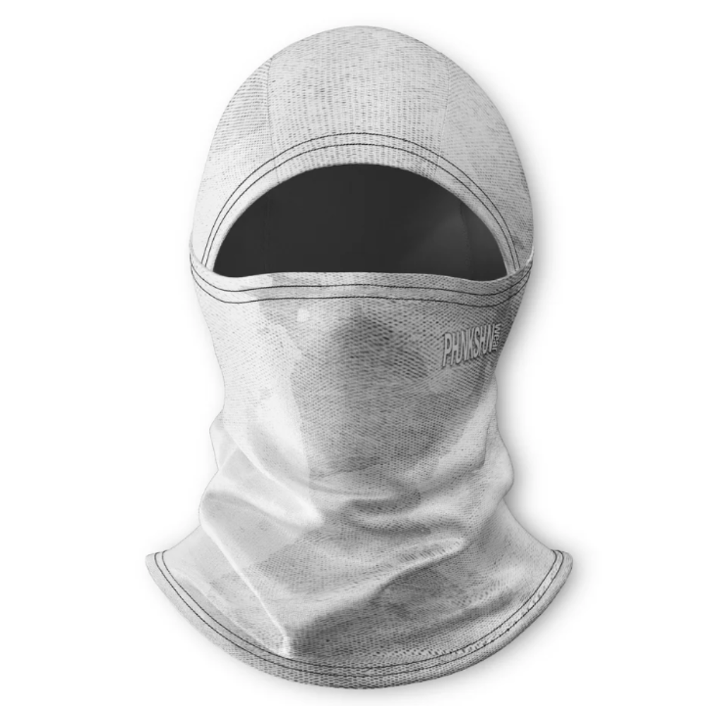 Gray balaclava with a brand logo on a white background