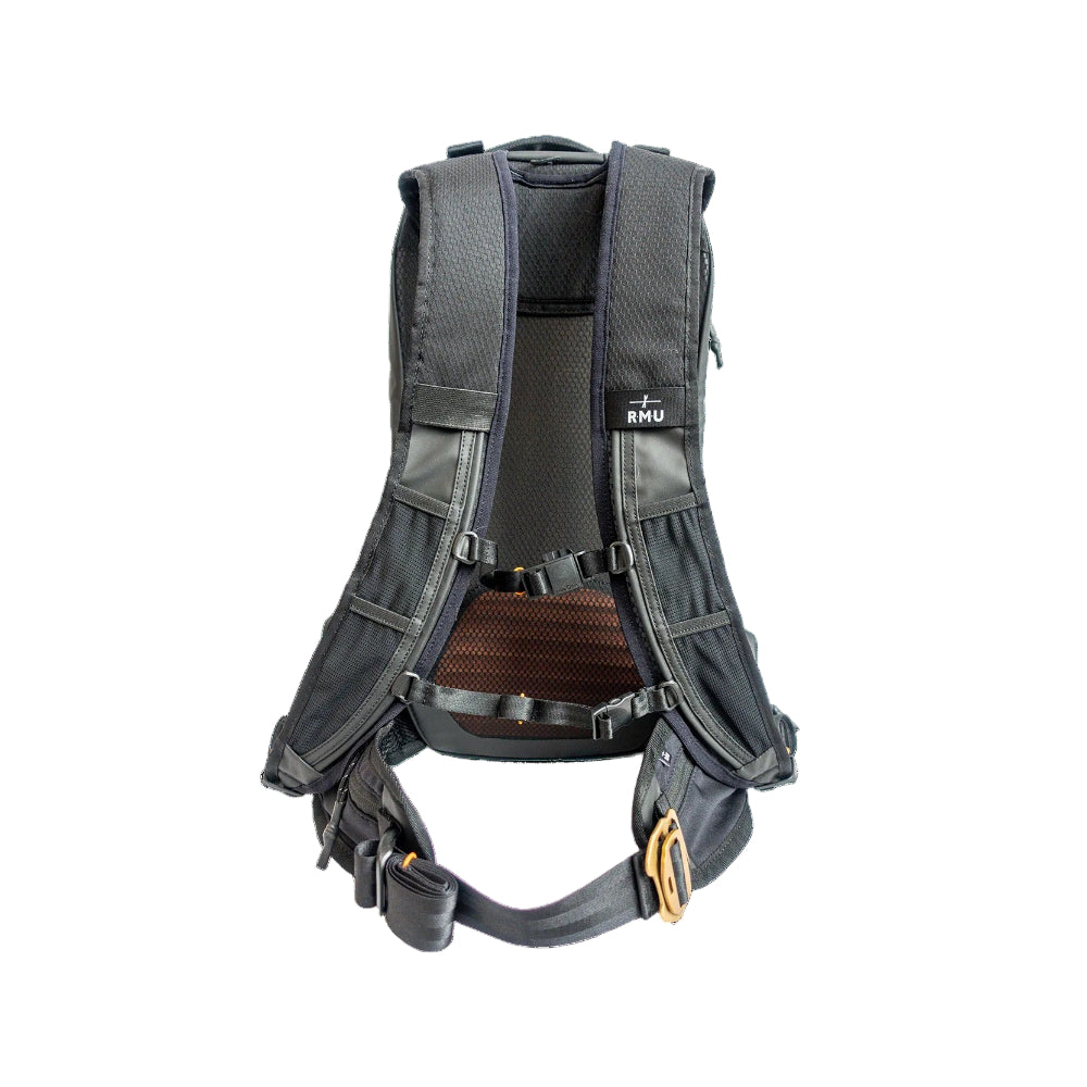 Gray safety harness with RMU branding on a black background