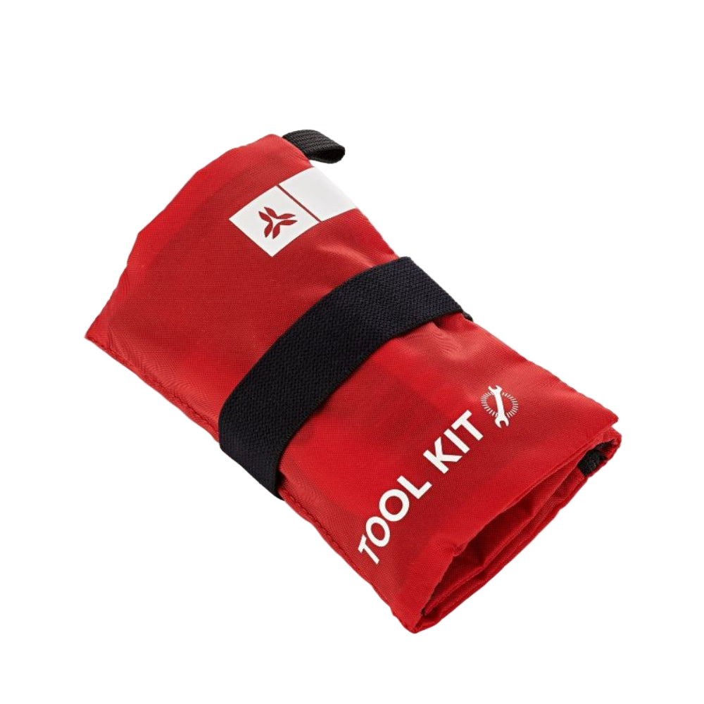 Red tool kit with black strap on a white background