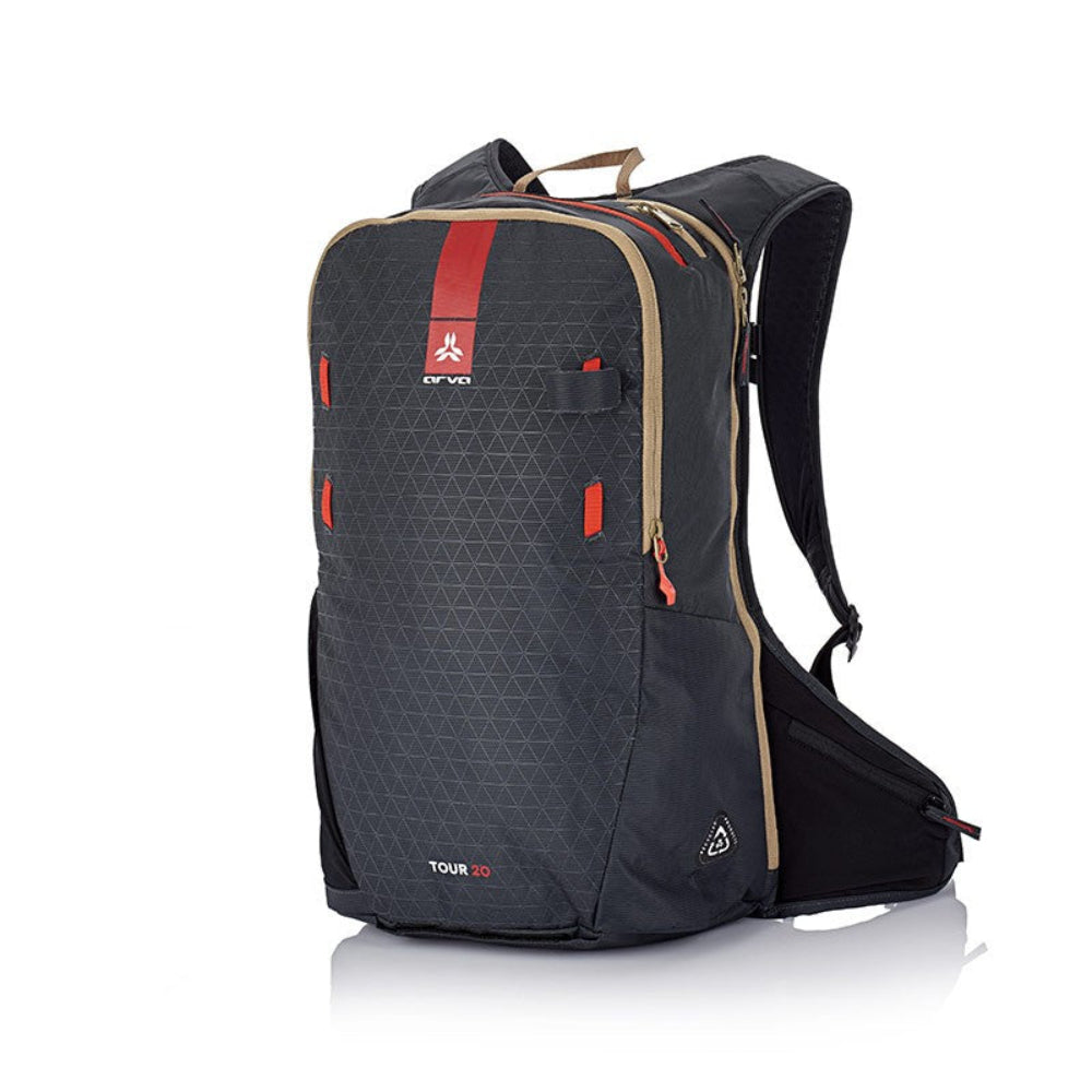 Black backpack with red accents on a white background