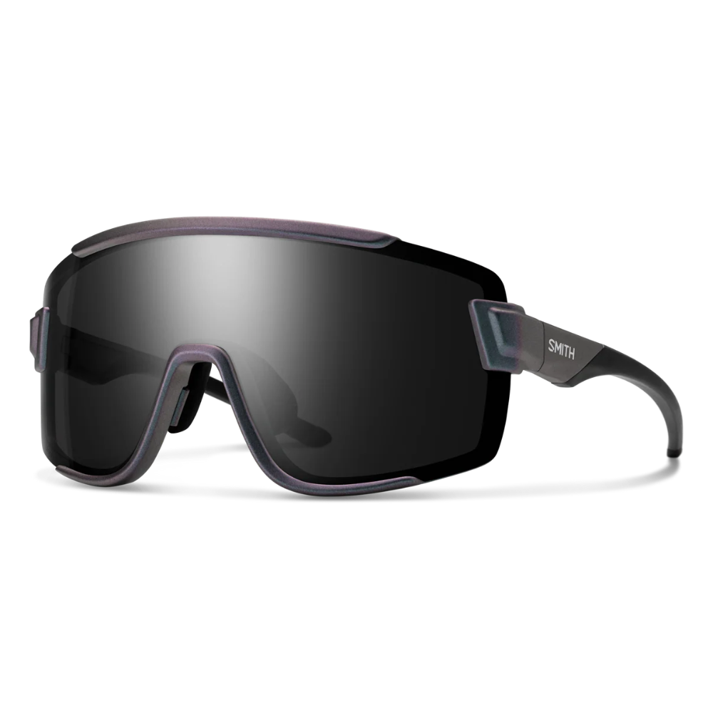 Black goggles with a reflective lens on a white background